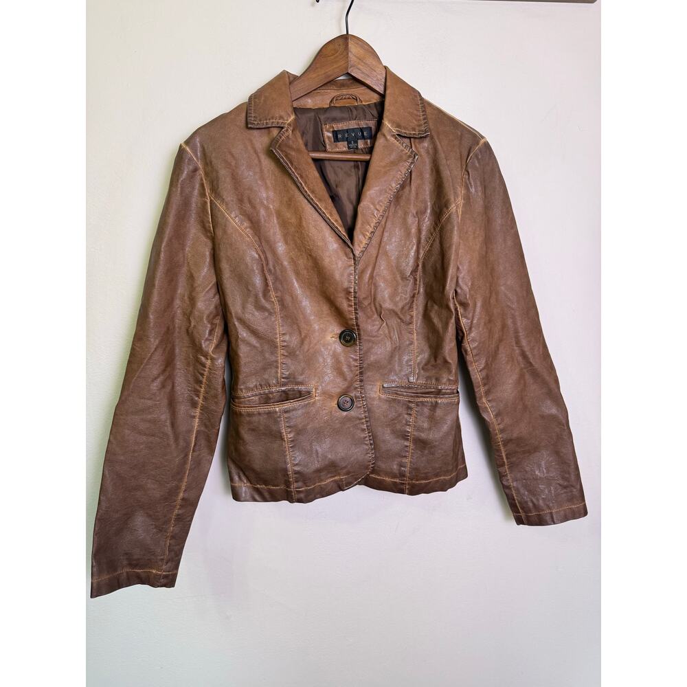 Revue Brown Faux Leather Blazer Jacket Womens Small PU Vegan Cropped Retro Style